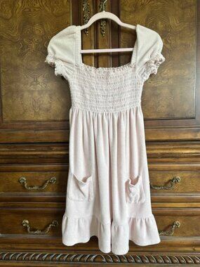 VTG Y2K Juicy Couture Baby Pink Smocked Terry Cloth Swim Cover Up Dress Medium